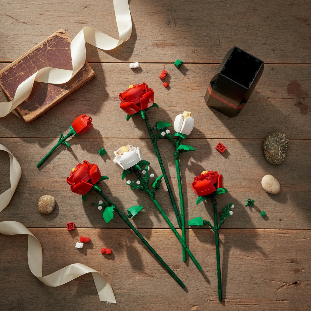 Bouquet de Roses Rouges en Briques – 818 Pièces avec Vase – Set de Construction Floral