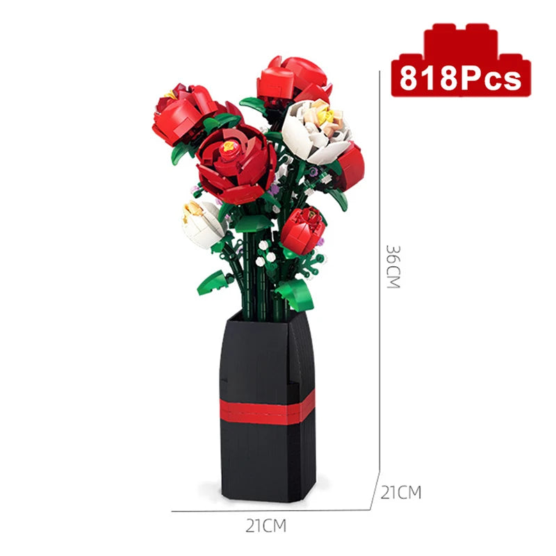 Bouquet de Roses Rouges en Briques – 818 Pièces avec Vase – Set de Construction Floral