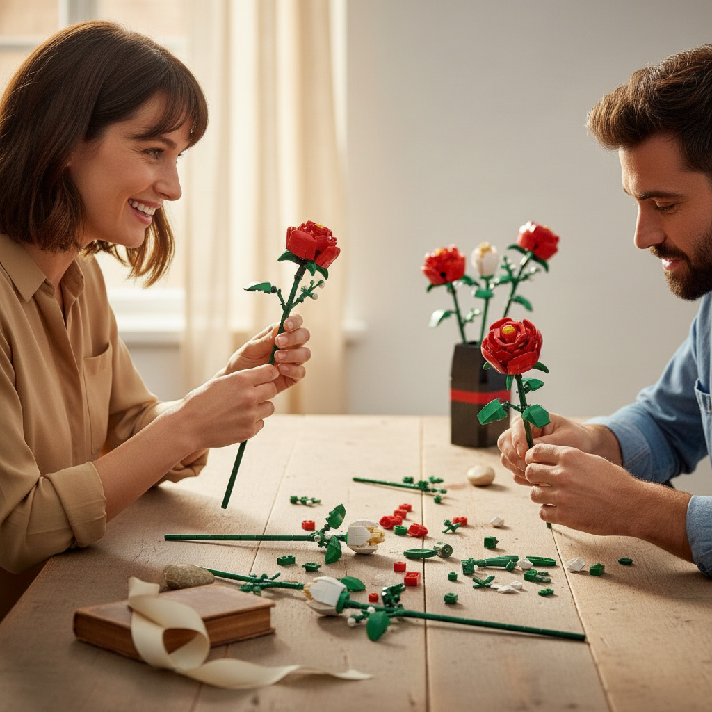 Bouquet de Roses Rouges en Briques – 818 Pièces avec Vase – Set de Construction Floral