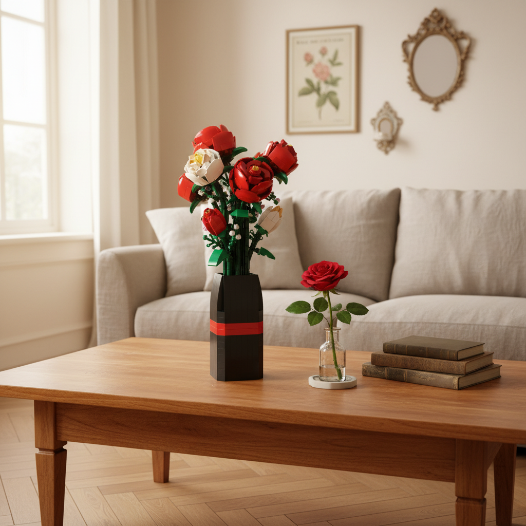 Bouquet de Roses Rouges en Briques – 818 Pièces avec Vase – Set de Construction Floral