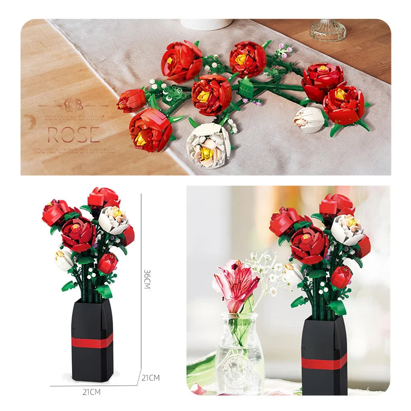 Bouquet de Roses Rouges en Briques – 818 Pièces avec Vase – Set de Construction Floral