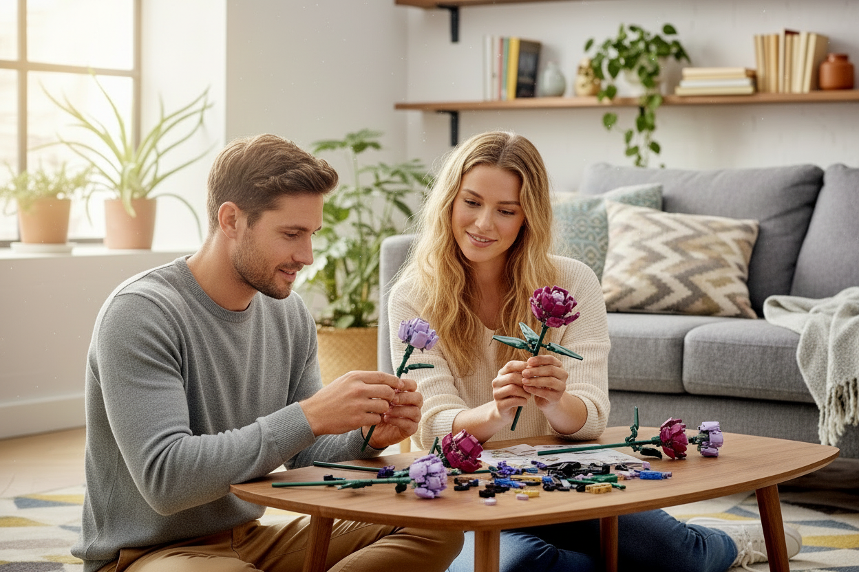 Bouquet Botanique Violet en Briques – 1218 Pièces avec Vase – Set de Construction Floral