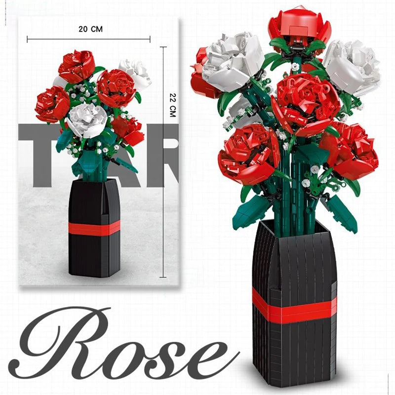 Bouquet de Roses Rouges en Briques – 818 Pièces avec Vase – Set de Construction Floral