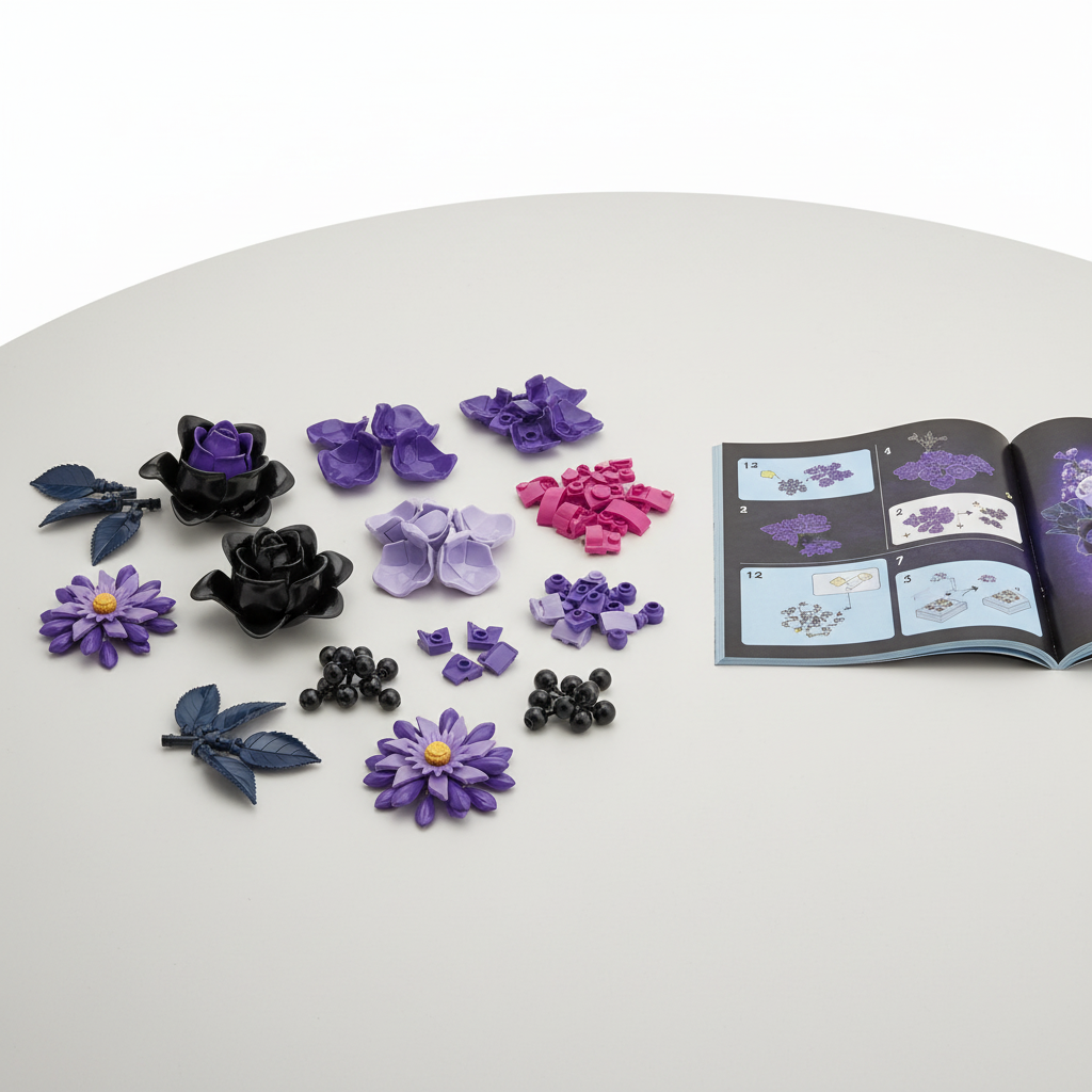 Bouquet Botanique Violet en Briques – 1218 Pièces avec Vase – Set de Construction Floral