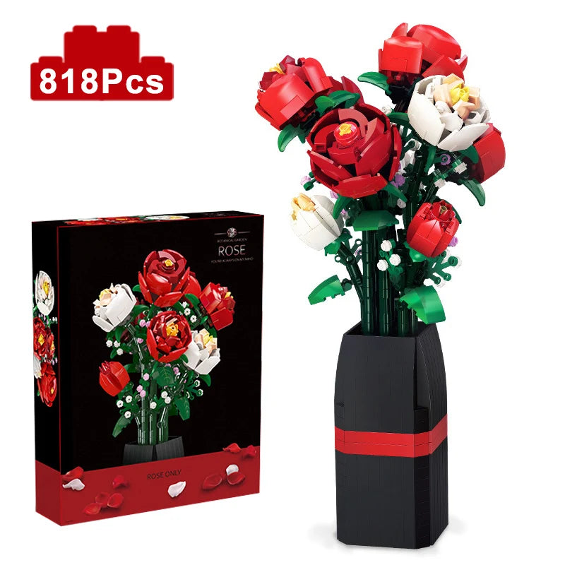 Bouquet de Roses Rouges en Briques – 818 Pièces avec Vase – Set de Construction Floral