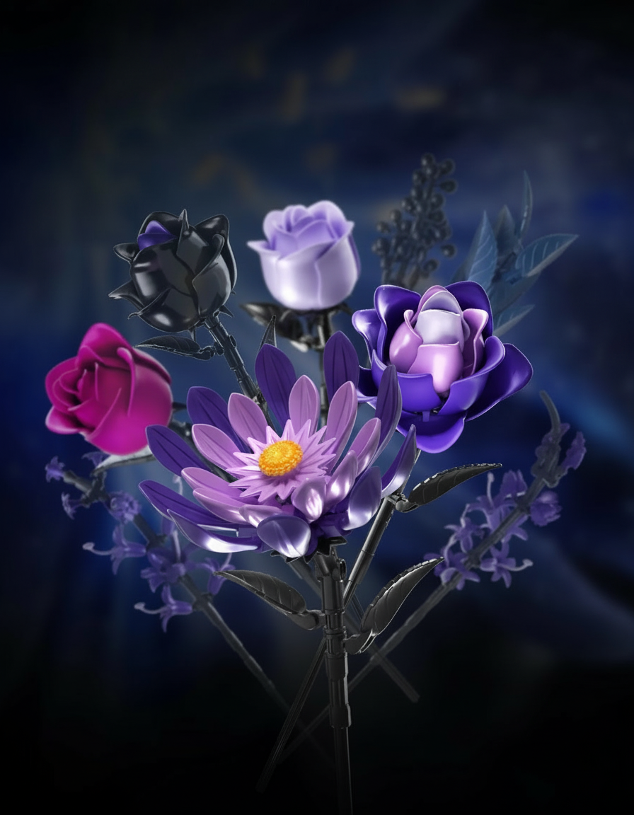 Bouquet Botanique Violet en Briques – 1218 Pièces avec Vase – Set de Construction Floral