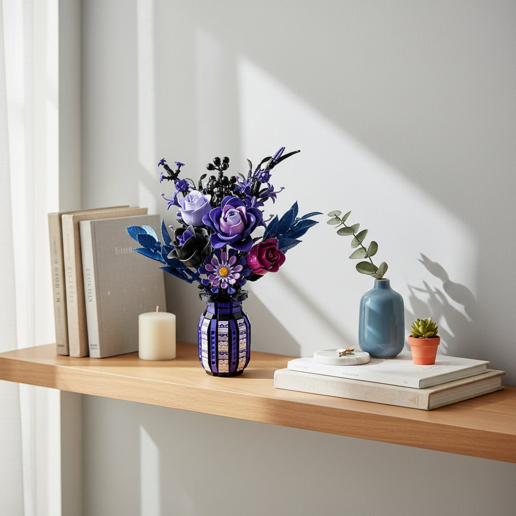 Bouquet Botanique Violet en Briques – 1218 Pièces avec Vase – Set de Construction Floral